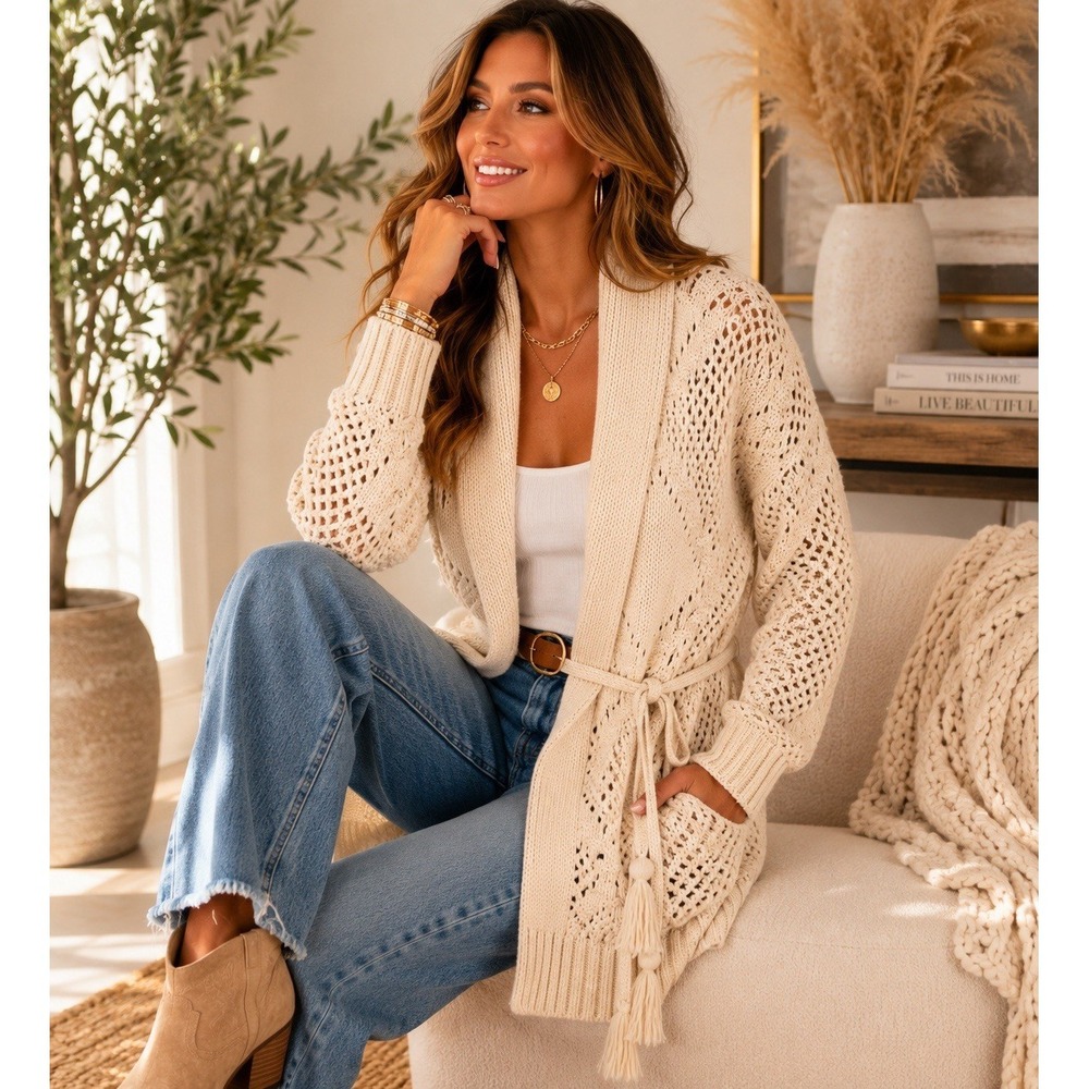 Abercrombie & Fitch Open Knit Shawl Cardigan Sweater Belted Cream  XXS
